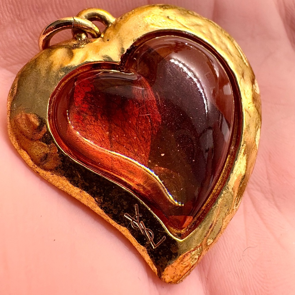 YSL large rare Vintage Red Heart with Flower inside signed YSL pendant